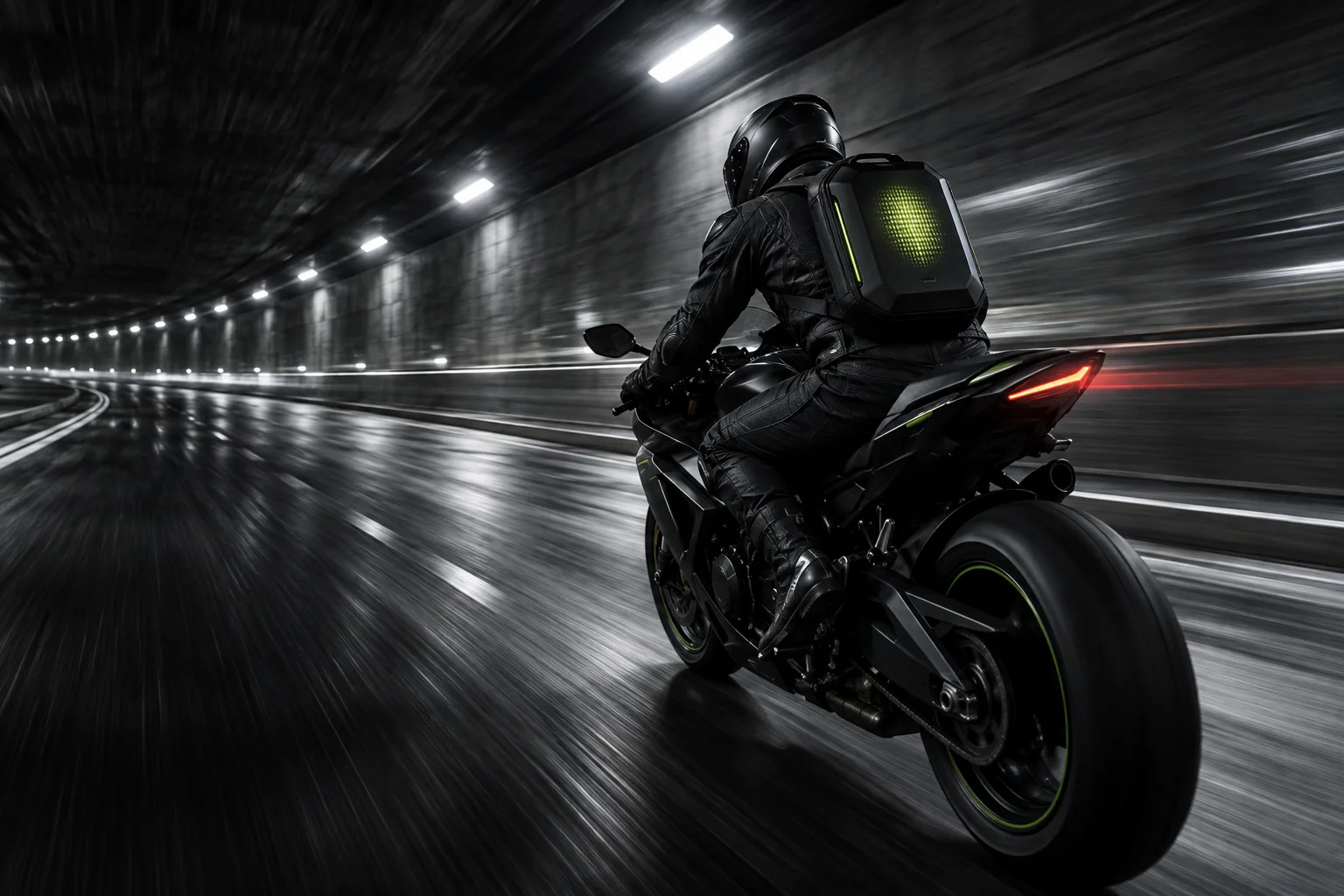Motorcycle rider with an illuminated backpack riding through a tunnel at night